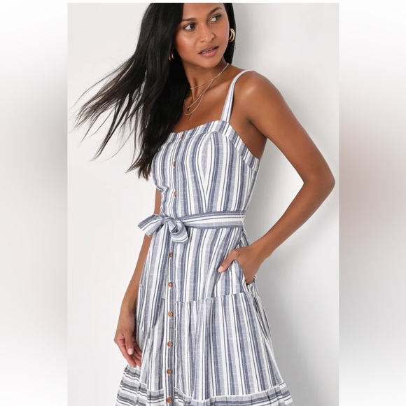 NWOT Lulus Montauk Memories Blue and White Strip Midi Dress with Pockets - Large - Picture 13 of 14
